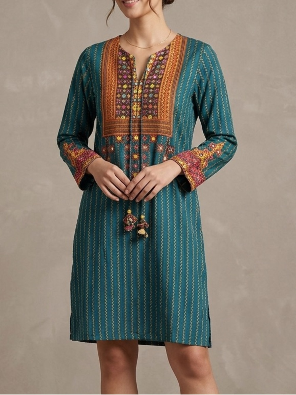 Karigari Teal Blue Embroidered Mirror Work Tunic Kurti Dress with Tassels S